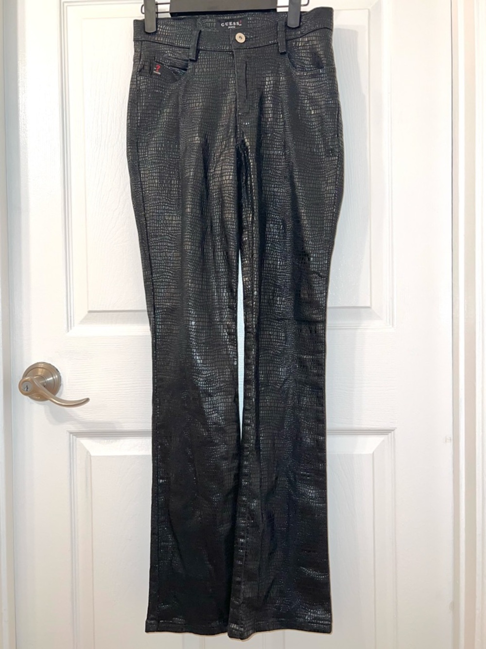Vintage Y2K GUESS Black Croc-Embossed Coated Mid-Rise Boot Flare Jeans Size 24